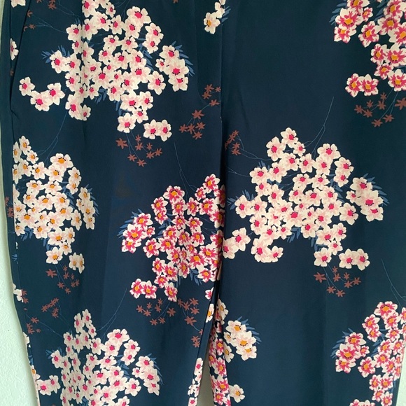 Grayson Navy Blue Pink Cherry Blossom Print Straight Ankle Leg Workwear Pants L - Picture 4 of 11